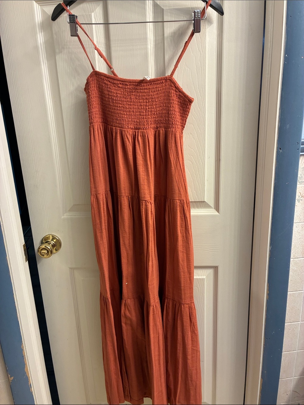American Eagle Outfitters Rusty Orange Tiered Maxi Dress with Smocked Bodice